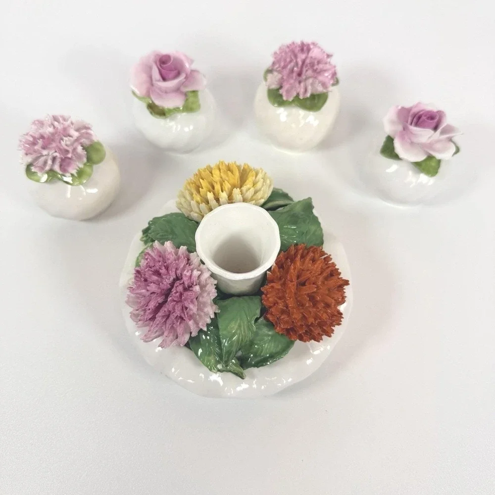 Bone‎ China Salt & Pepper Shakers And Candle Holder Set Carbation & Roses Radnor
